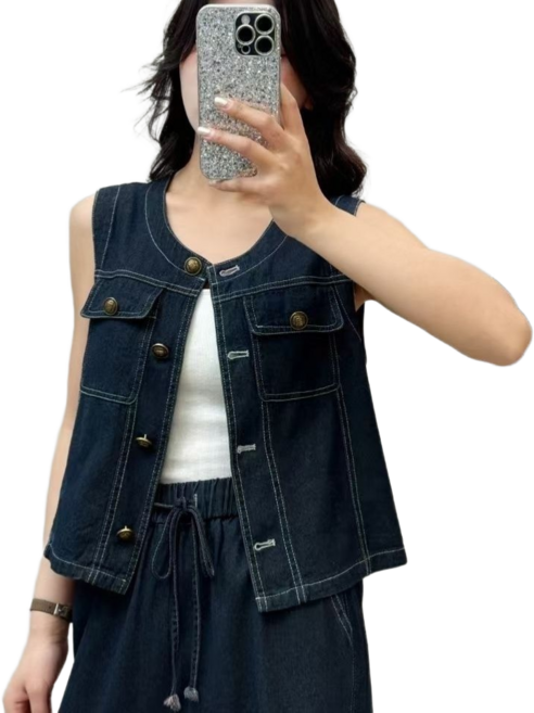 여성용 심플 라운드넥 조끼 데일리 캐주얼 데님 베스트