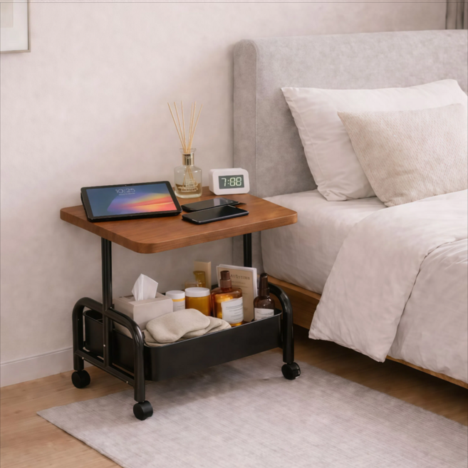 튼튼한 철제 프레임 우드 상판 이동식 다용도 수납 카트 트롤리, 2단, 월넛