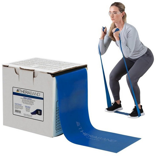 THERABAND 저항 밴드 22.6m(25야드) 롤 상체 및 하체 운동 물리 치료 필라테스 재활 디스펜서 박스 레벨 5용 엑스트라 헤비 블루 라텍스 전문 탄성, Blue - Extra Heavy