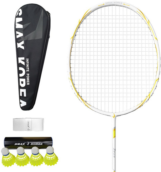 스맥스코리아 풀카본 초경량 배드민턴 라켓 제우스 화이트 5u + 그립 + 셔틀콕4p