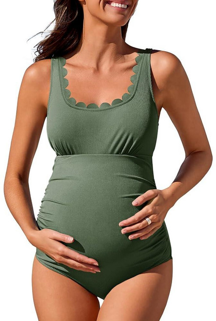 Summer Mae Ribbed Maternity One Piece Swimsuit Scalloped Cut Out Pregnancy Bathing Suit Square Nec