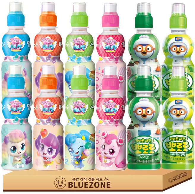 [블루존] 어린이 음료수 티니핑 뽀로로 혼합 세트 웅진 캐치 티니핑 음료 200ml 딸기맛2 사과맛2 복숭아맛2 밀크맛2 팔도 뽀로로 음료 235ml 샤인머스캣2 사과2, 12개