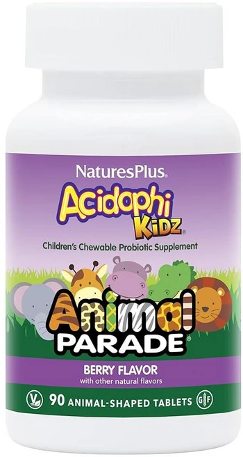 Natures Plus Animal Parade ACID 애시드ophiKidz 베리 맛 - 씹을 수 있는 동물 모양 태블릿 90개 프로바이오틱스 FOS 및 포도씨 포함 총, 90 Count (Pack of 1), 1개, 90 - 쿠팡