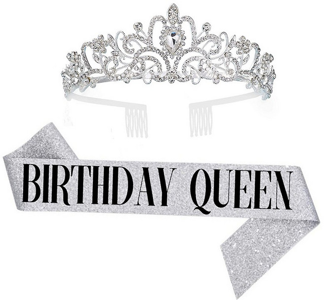 올리브파티 생일 파티용품 공주 티아라 어깨띠 세트, 1세트, 실버티아라+생일퀸어깨띠