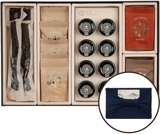궁중비법 서가 자호원 국산 인삼정과 콩고물 도라지정과 도라지청 천혜향정과 생강편강 이바지음식 세트, 1세트, 산서함811, 딥블루 맵시 보자기
