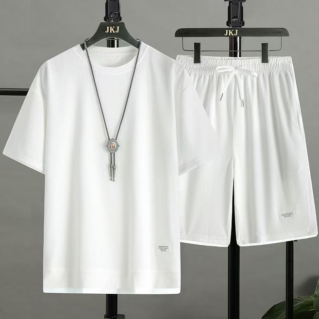 AREVI 여름 남자 트레이닝 세트 트랜드 루즈핏 순면 레저 반팔 티셔츠 반바지