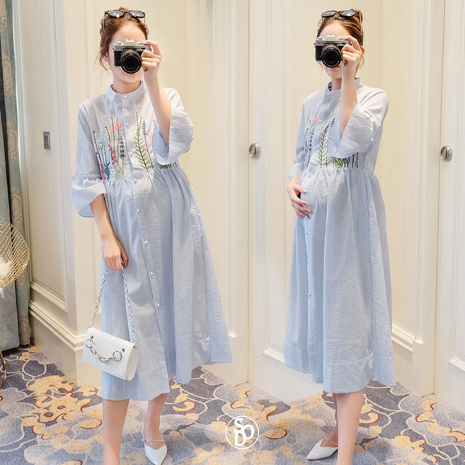 [순이야] C.여성 빅사이즈 자수 임산부 반팔 셔츠 원피스