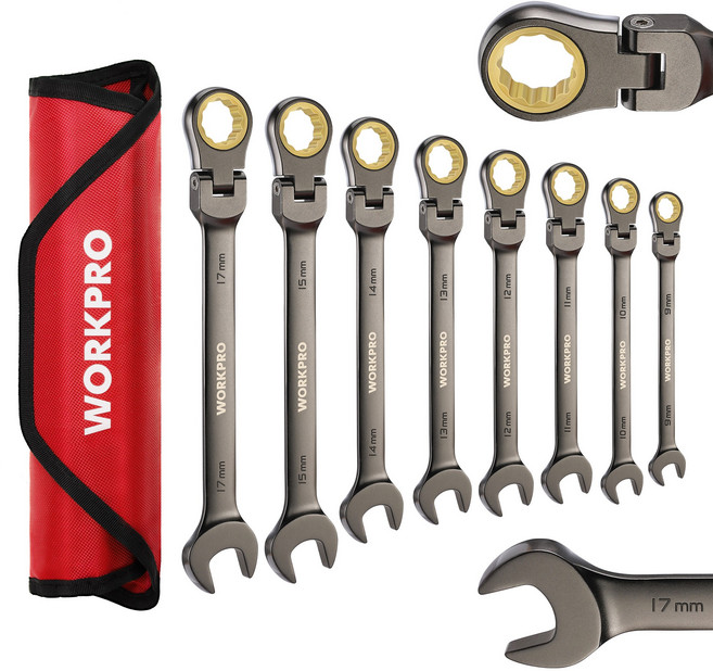 WORKPRO 8PC 미터 스위블 헤드 래칫 기어렌치 세트 플렉스 헤드 래칫 조합 콤비네이션 메트릭 크롬 바나듐 강철 스틸 스패너 플레어 너트 수납 가방 파우치 증정, 1세트