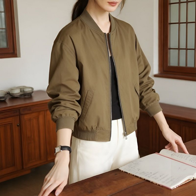 여성 봄 가을 자켓 빈티지 캐주얼 점퍼 심플 집업 라운드넥 야구복 루즈핏 상의 LJX