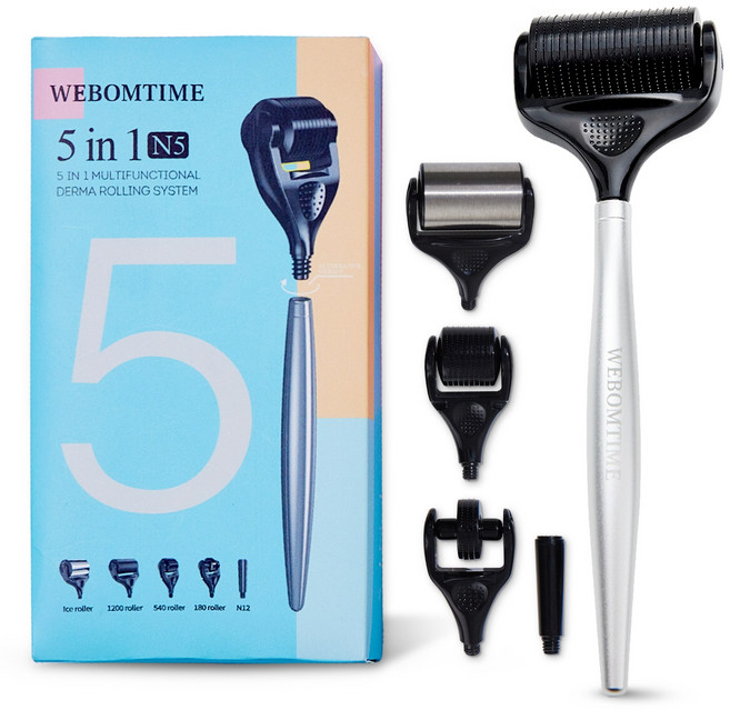 WEBOMTIME 5in1 MTS 더마 롤러 | 피부 리프팅 탄력 케어 | 니들 롤러 + 쿨링 롤러 포함 | 홈케어 피부관리기, 1세트, ONE COLOR