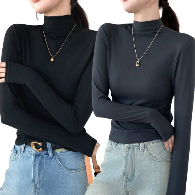 니드오브 여성 부드러운 목폴라티 얇은 이너 목티 긴팔 2종세트