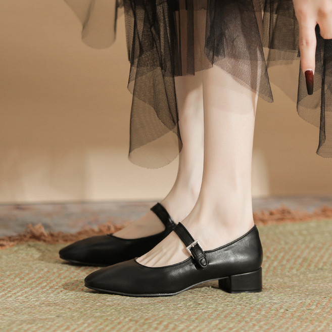 瑪麗珍鞋 娃娃鞋 韓版 軟底 淺口平底鞋 一字扣帶 實拍, 2825-6黑色粗跟4.5厘米,36