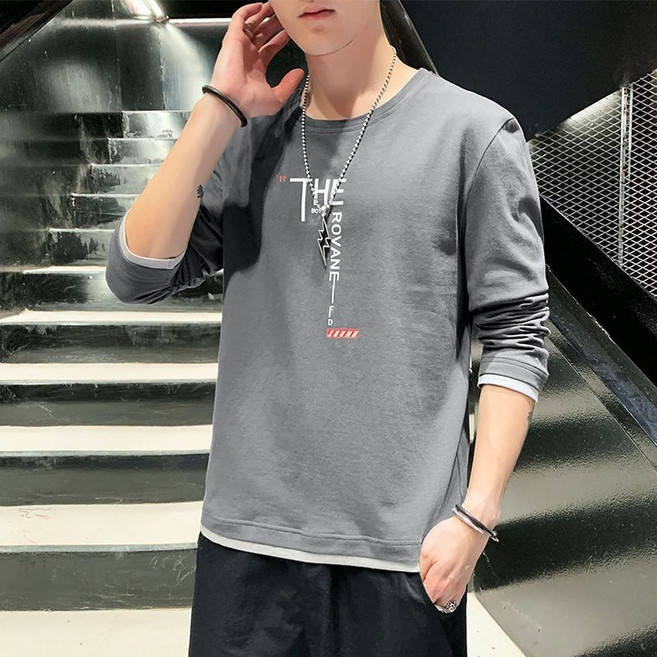 春秋男士長袖T恤 潮流打底衫 假兩件式 休閒寬鬆上衣 3XL