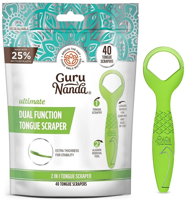 GuruNanda 성인 및 아동용 일회용 혀 스크레이퍼 정렬 제거 도구 (40개) 이중 기능 BPA 및 PFAS 프리 재활용 가능 여행 친화적 상쾌한 호흡 촉진 쉬운, GuruNanda 성인 및 용 일회용 혀 스크레이퍼, - 쿠팡