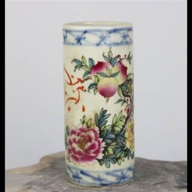 瓷器花鳥紋飾擺件, 民國青花加彩花鳥筆筒古玩古董仿古瓷器舊貨老貨收藏品文房擺件, 1個