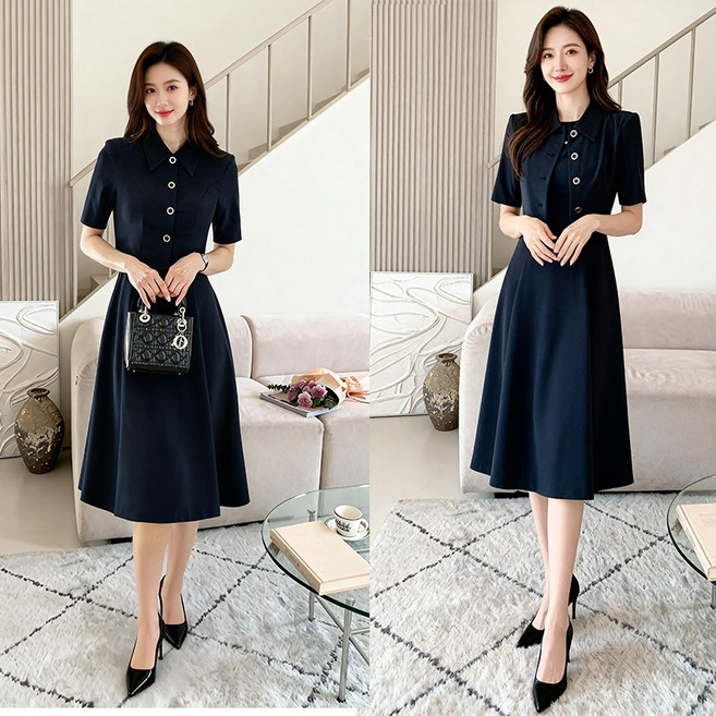 비비디아 여성용 반팔 자켓 레이어드 셔츠 카라넥 A라인 플레어 스커트 원피스 5613