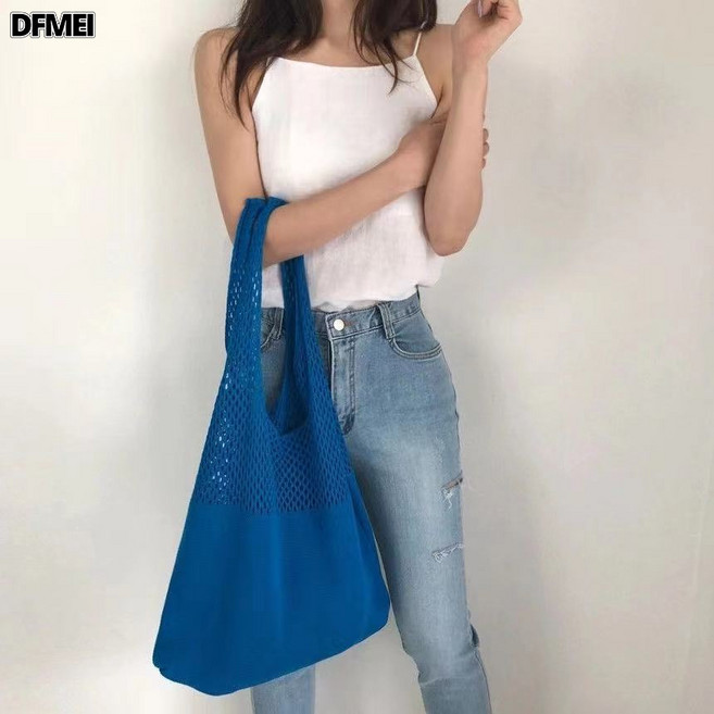 DFMEI 秋冬包包百搭編織斜挎針織純色手提包通勤大容量水桶包, 深藍色