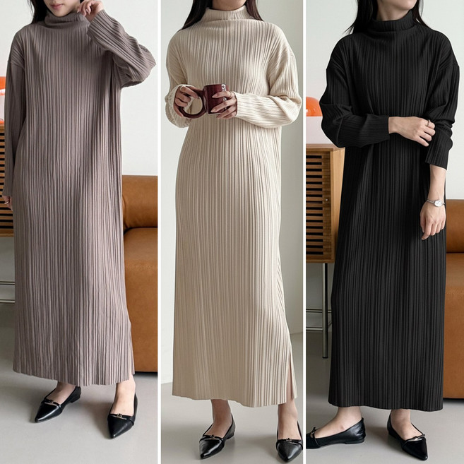 유앤마인 여성 루즛핏 빅사이즈 플리츠원피스 봄가을 긴팔 주름 롱원피스