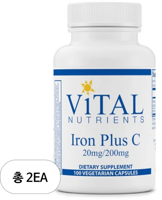 바이탈뉴트리언츠 아이언 플러스 C 20mg 200mg 베지테리안 캡슐, 2개, 100정 - 쿠팡