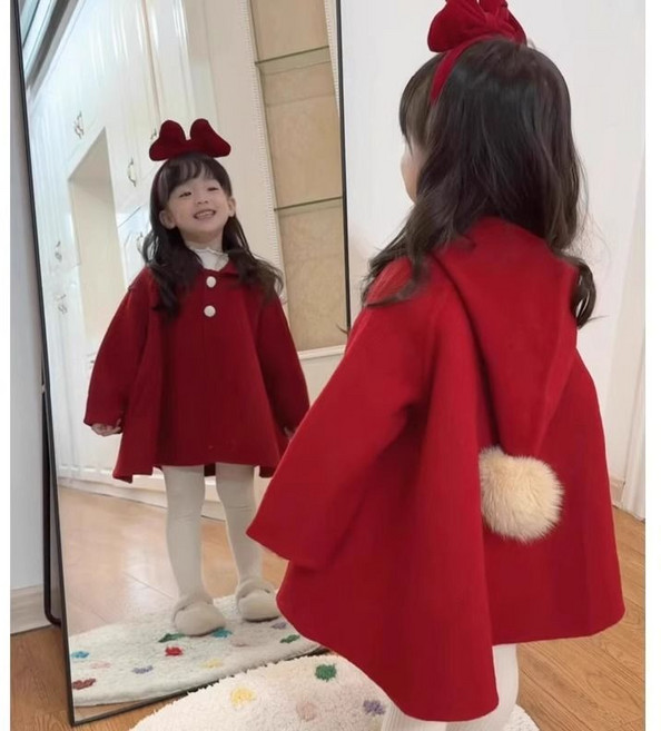 女童毛呢外套秋冬新款 女寶寶兒童新年喜慶紅色呢外套