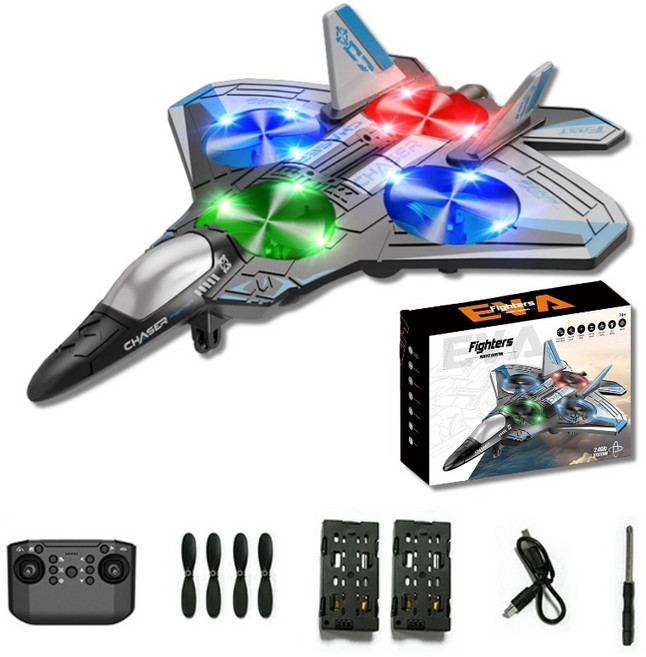 어린이 드론 초보자용 RC 미니 전투기 4모터 고출력 20분 비행 간편조작 LED 4축 EPP, 1개, 모듈형 배터리 2개/블루