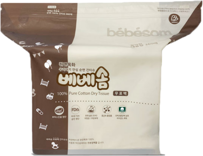 베베솜 무표백 순면 아기 건티슈, 60g, 360매, 1개