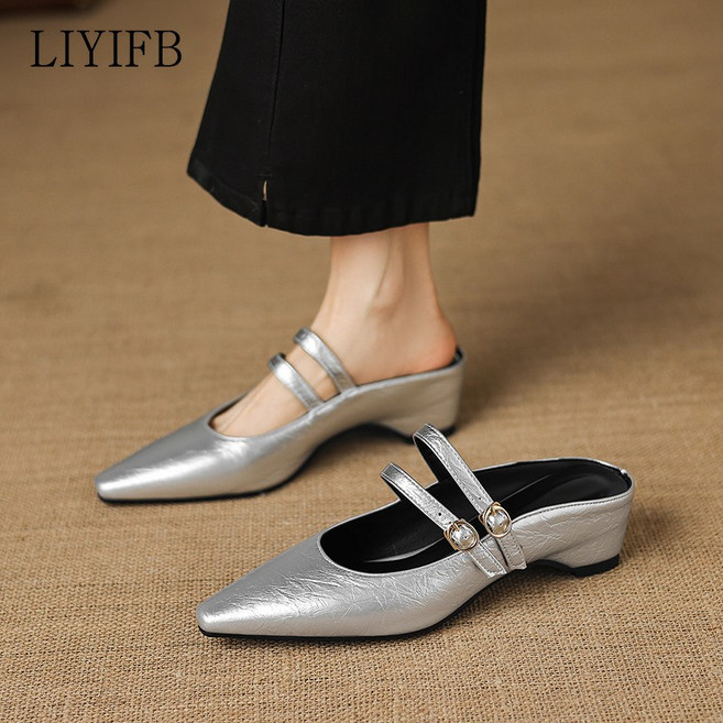 LIYIFB 스틸레토 여성 통굽 블로퍼 슬리퍼 구두 4.5cm 빅사이즈 뮬슬리퍼 265-210