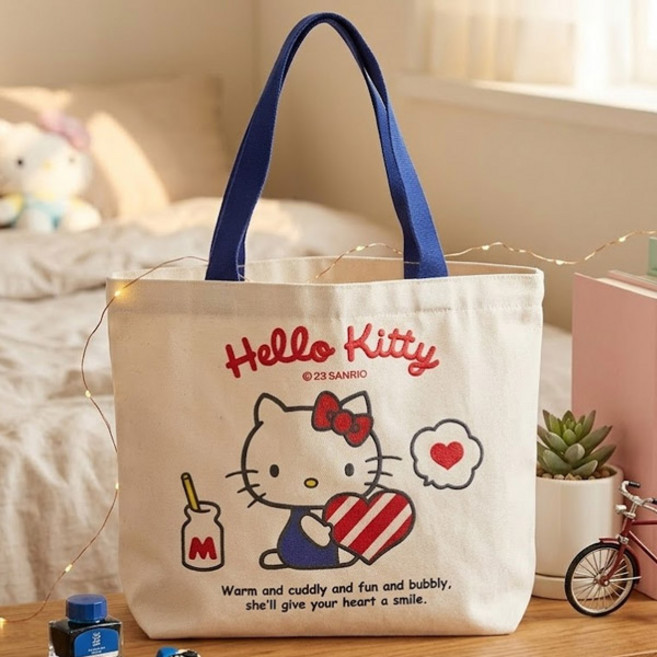 산리오 캐릭터 영문레터링 에코백 헬로키티 스마일 캔버스 숄더백