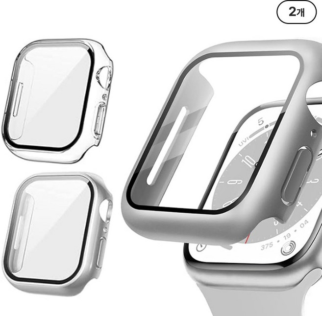 아이비온 애플워치 풀커버 케이스 2개입 40 41 42 44 mm, 클리어+실버