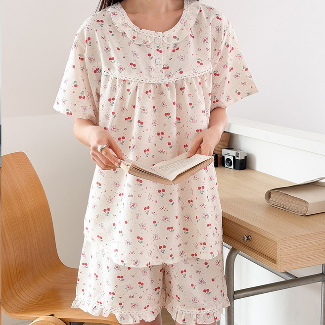 마리끄 여성 블러쉬 라운드 여름 반팔 잠옷