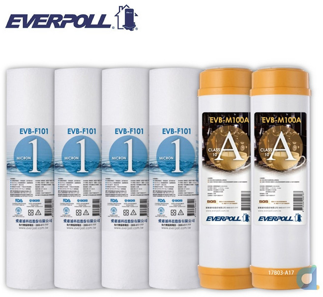 EVERPOLL EVB-F101 1微米PP濾心4支+EVB-M100A道爾樹脂濾心2支淨水濾芯, 1個