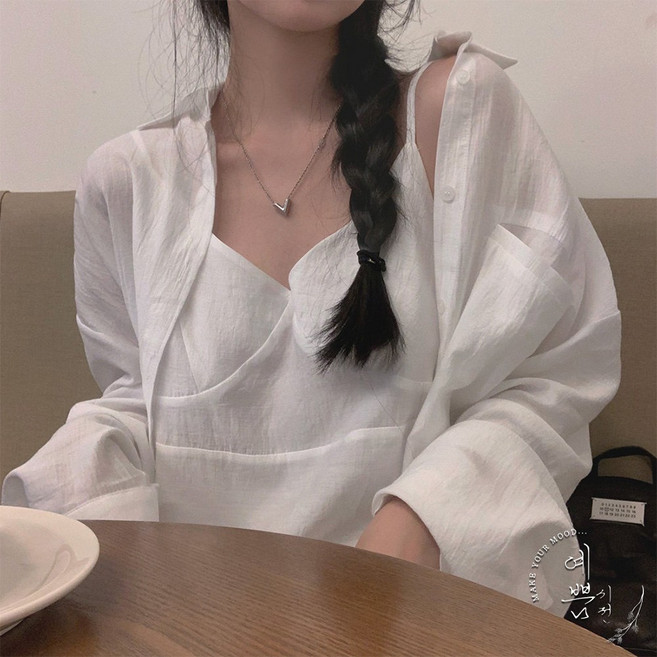 예쁨시전 [투피스] 러블리 쉬폰 슬림 나시 미니 원피스 오버핏 셔츠 세트