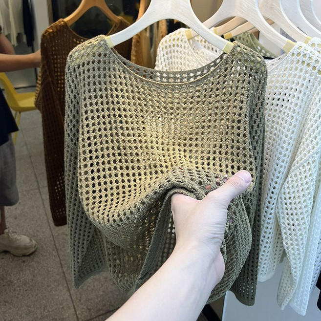 Makone 여성 라운드넥 긴팔 펀칭 니트 블라우스 캐주얼 심플 솔리드 메쉬 티셔츠