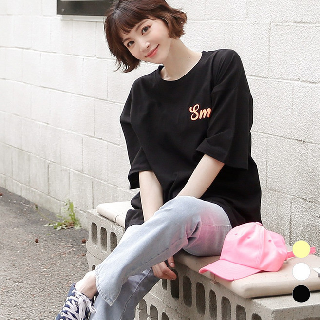 JJ패션라운지 이모티콘 여름 여성용 롱 루즈핏 빅사이즈 박시 반팔 티셔츠