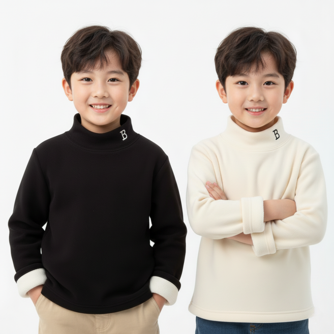 지디오 주니어 공용 기모 하이넥 티셔츠 2개 세트 긴팔 반폴라 기본티 겨울 두꺼운 이너웨어 레이어드 반목티 아동 내의