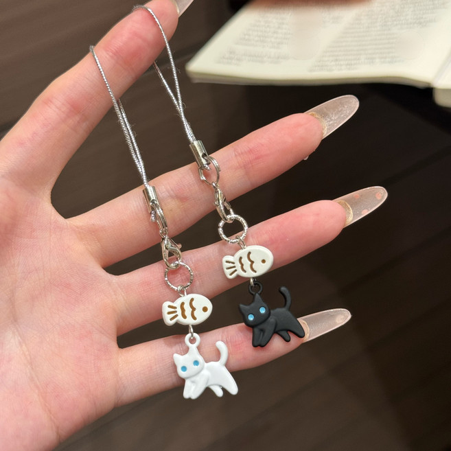 코지웨이브 러블리 고양이 휴대폰 스트랩 키링 2종세트, 1세트, 블랙1P+화이트1P