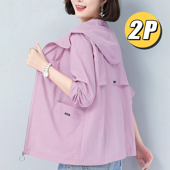 2P 중년여성 여름 초경량 자외선차단 후드 집업 자켓 빅사이즈 캐주얼 바람막이 점퍼