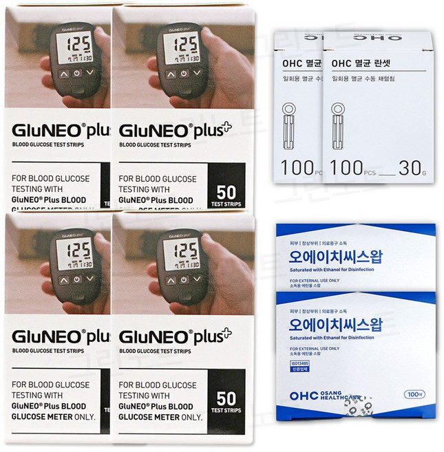 오상헬스케어 글루네오 플러스 혈당시험지 200p + 채혈침 200p + 알콜솜 200p 세트, 1세트