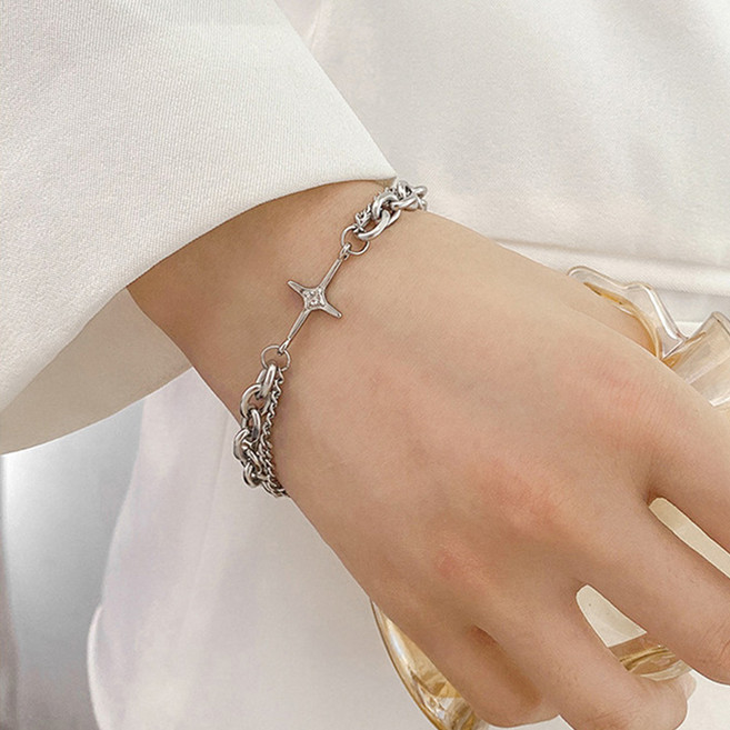 백송 어반 크로스 더블 레이어드 체인 팔찌 써지컬스틸 남녀공용 데일리 십자가 커플 주얼리