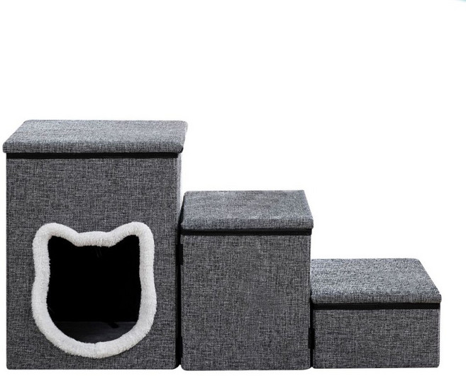 三步寵物樓梯 寵物窩 儲物盒, 灰色, 1個