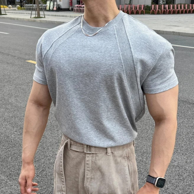 夏季美式液氨太空棉短袖T卹 重磅拼接抗皺高彈顯型運動涼感, 淺灰色,l, 淺灰色