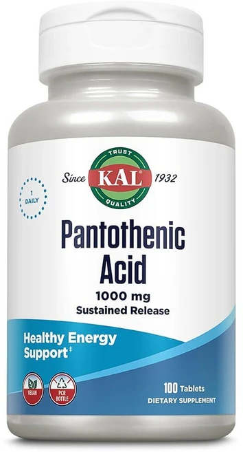 KAL 판토텐산 1000mg 지속 방출 비타민 B5 - 에너지 보충제 탄수화물 지방 및 단백질의 신진 대사 피부 건강 비건 100회 분량 100정 219800, 1개 - 쿠팡