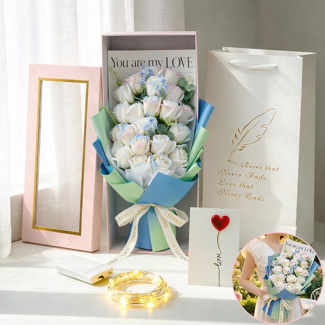 Belua 그라데이션 장미 비누꽃다발 선물상자 세트 쇼핑백 LED전구 카드 포함 졸업식 학예회 입학식 화이트데이 선물, 블루핑크, 1개