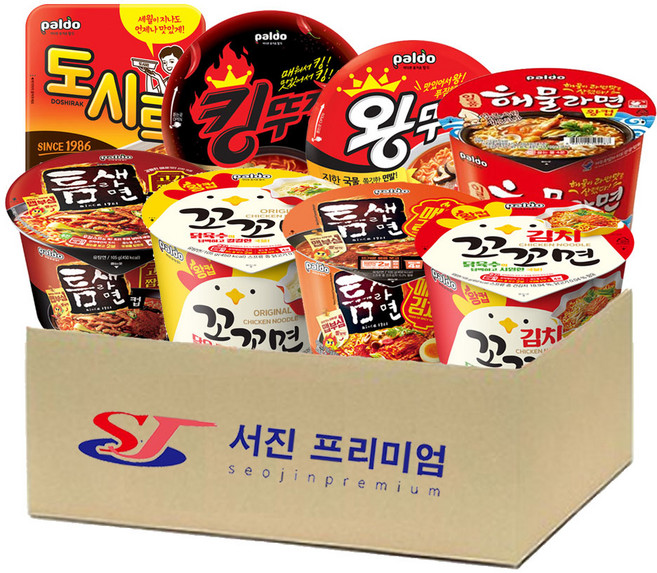 에스제이서진 컵라면 8종(김치꼬꼬면왕컵+꼬꼬면왕컵+매운김치컵+왕뚜껑+킹뚜껑+도시락+해물왕컵+고기짬뽕) 각2개씩 총16개, 1개