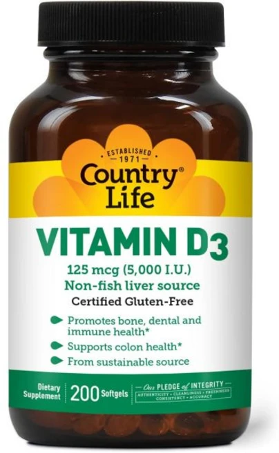 Country Life Vitamin D3 컨트리 라이프 비타민 D3 5000IU 200소프트젤, 200 Count (Pack of 1), 200정, 1개 - 쿠팡