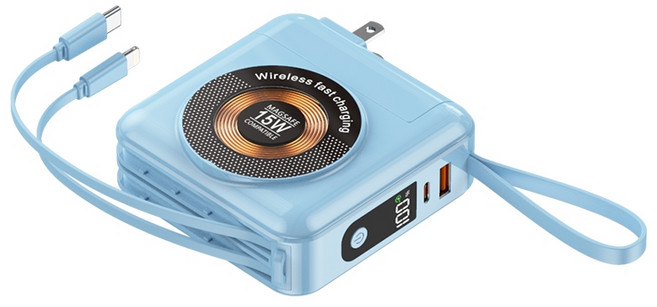 3C認證 30000mAh 磁吸行動電源 自帶線 AC插頭 15W無線充 22.5W快充 旅行行動充 藍色, 藍色【自帶AC插頭+線+15W無線充】, 藍色【自帶AC插頭+15W無線充】, 高配版磁吸插頭電寶