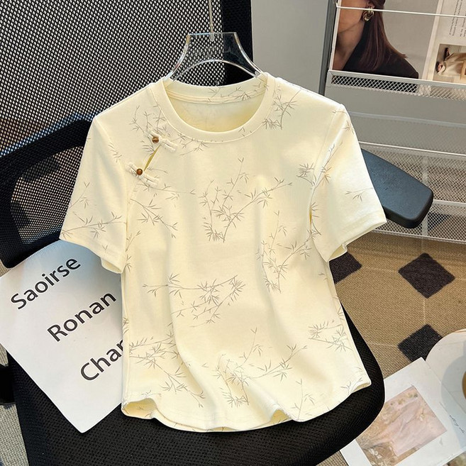 버튼 여름 여성용 반팔 티셔츠 루즈핏 슬림핏 대형 라운드넥 상의