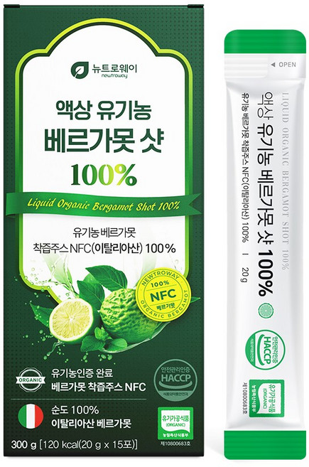 유기농 베르가못 샷 액상 스틱 100% NFC착즙 베르가못폴리페놀 BPF 원액 주스 효능 이탈리아산 식약청인증, 300g