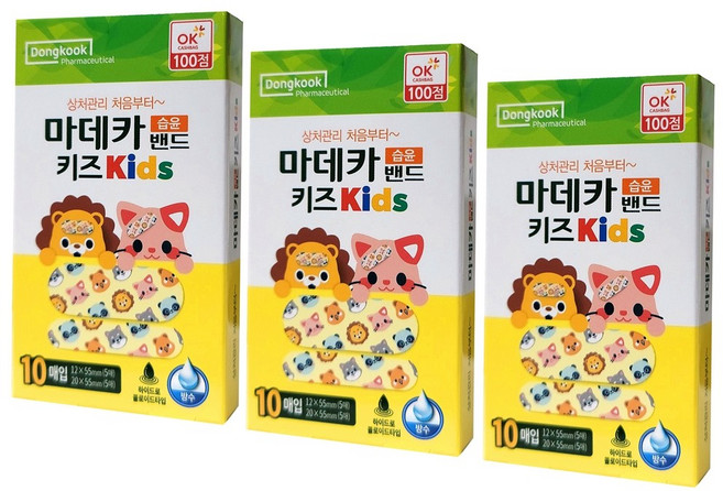 동국) 마데카 습윤밴드 키즈 (10매) x 3팩 캐릭터 하이드로콜로이드 방수, 3개, 10개입