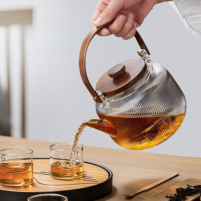 高硼硅玻璃煮茶壺 可電陶爐加熱 耐高溫, 透明色,豎紋款1000ml, 1個